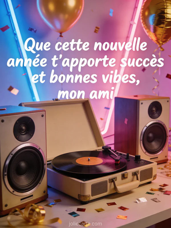 Vinyle vintage sur platine avec enceintes rétro néons bleu et rose ballons dorés et confettis