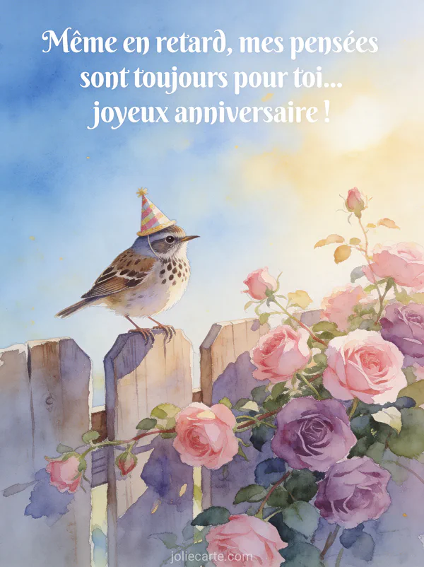 Merle avec chapeau de fête sur une clôture en bois avec roses trémières roses et mauves dans lumière matinale avec le texte Même en retard mes pensées sont toujours pour toi