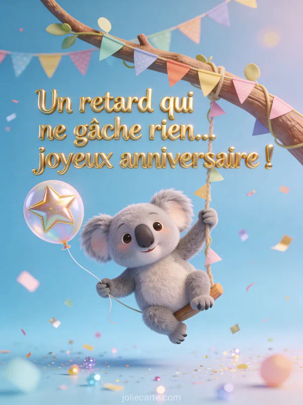 Koala gris accroché à une branche décorée de fanions colorés tenant un ballon étoilé avec confettis et paillettes sur fond bleu pastel avec le texte Un retard qui ne gâche rien
