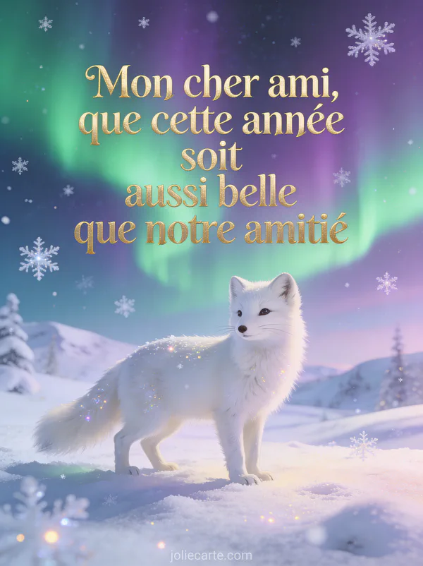Renard arctique blanc dans paysage enneigé avec aurores boréales vertes et violettes et flocons