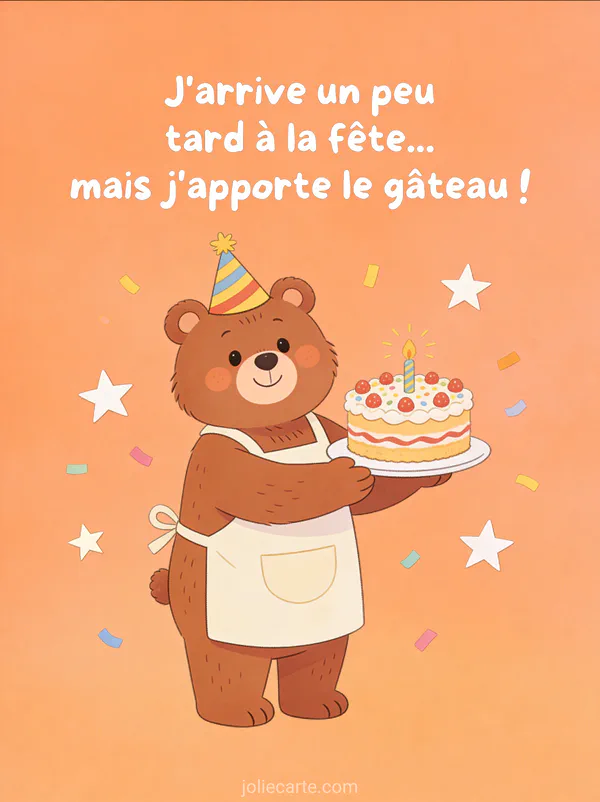 Ours brun souriant avec tablier de pâtissier et chapeau de fête portant un gâteau d'anniversaire avec étoiles et confettis sur fond orange pastel avec le texte J'arrive un peu tard à la fête