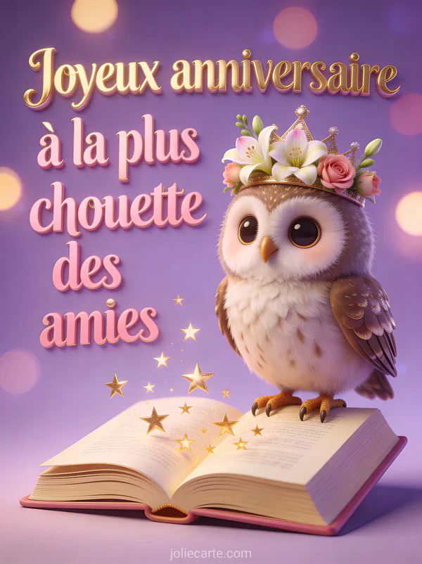 Petite chouette avec couronne de freesias et roses sur livre ouvert avec étoiles dorées