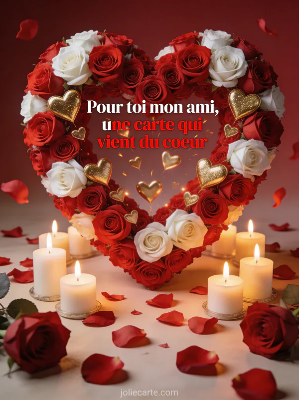 Cœur géant de roses rouges et blanches avec cœurs dorés bougies allumées et pétales éparpillés