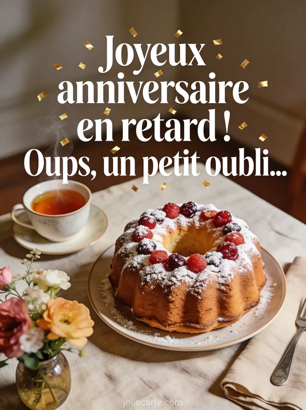 Hamster doré aux joues gonflées avec chapeau de fête assis dans une tasse décorée tenant un mini cadeau avec confettis pastel avec le texte Oups j'ai oublié