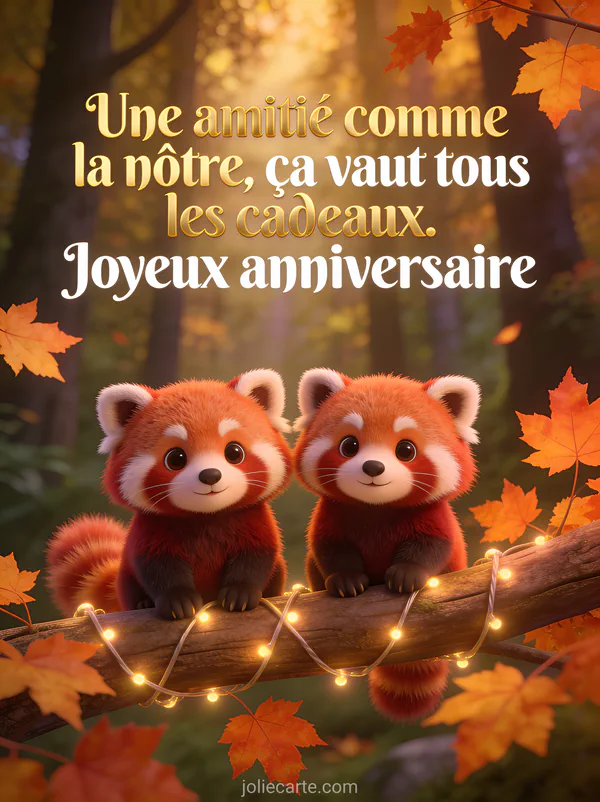 Deux pandas roux côte à côte sur branche avec feuilles d'érable orangées et guirlandes lumineuses