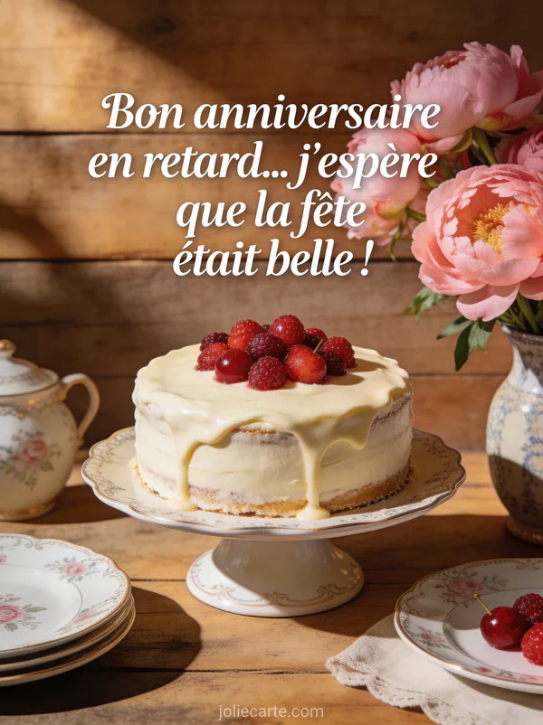 Bundt cake saupoudré de sucre glace avec fleurs comestibles violettes et tasses de thé vintage sur nappe dentelle avec le texte Bon anniversaire en retard
