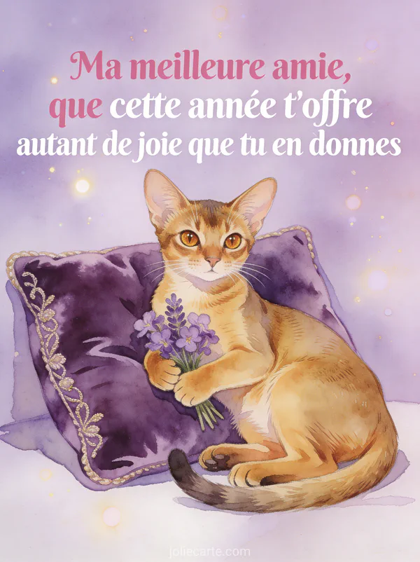 Chat abyssin doré aux yeux ambrés tenant un bouquet de violettes sur coussin en velours violet