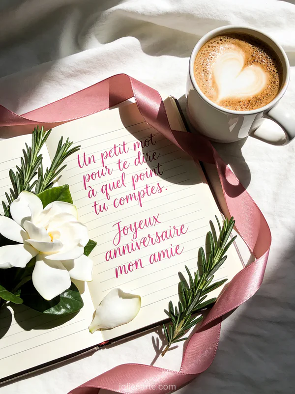 Carnet ouvert avec fleurs de gardénia blanc romarin ruban satin rose et tasse de café latte art