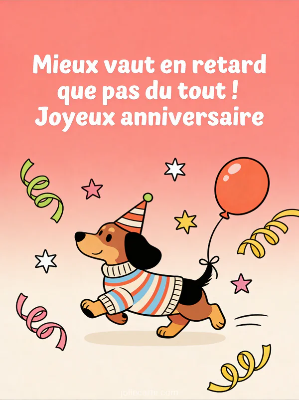 Teckel avec pull rayé et chapeau de fête marchant joyeusement avec ballon accroché à sa queue avec serpentins et étoiles avec le texte Mieux vaut en retard