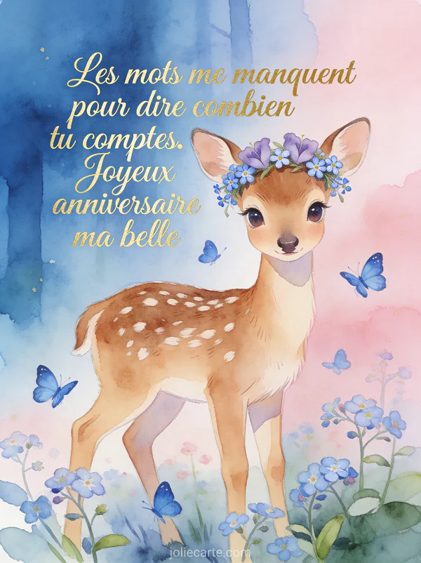 Faon aux yeux doux avec couronne de pervenches et myosotis et papillons bleus en forêt enchantée