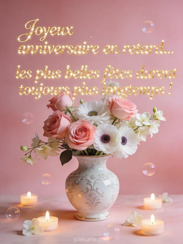 Roses anglaises roses anémones blanches et jasmin dans un vase en porcelaine avec bougies flottantes sur fond rose avec le texte Joyeux anniversaire en retard