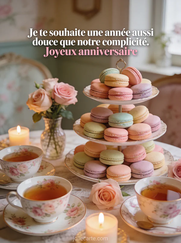 Salon de thé vintage avec macarons pastel sur présentoir tasses fleuries roses et bougies