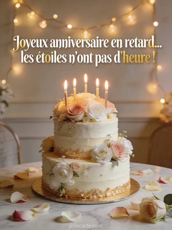 Ciel nocturne avec étoiles filantes lune dorée et lanternes chinoises lumineuses flottant dans un ciel bleu nuit avec le texte Joyeux anniversaire en retard