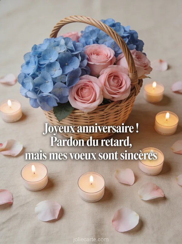 Hortensias bleus et roses dans un panier en rotin tressé avec bougies parfumées et pétales sur fond lin beige avec le texte Pardon du retard