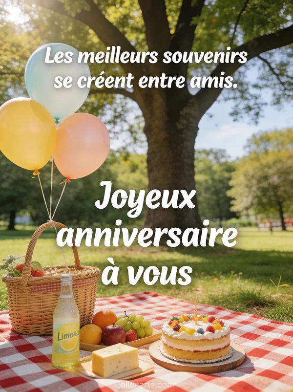 Pique-nique festif sous platane avec nappe à carreaux panier osier gâteau ballons et limonade