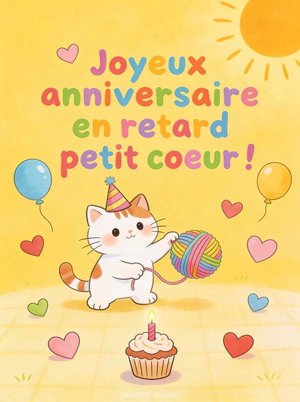Chat blanc et roux avec chapeau de fête jouant avec pelote de laine avec ballons cœurs et cupcake sur fond jaune soleil avec le texte Joyeux anniversaire en retard petit cœur