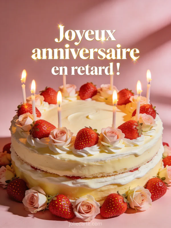 Gâteau à deux étages crème vanille et fraises fraîches entouré de roses roses et bougies fines allumées sur fond rose pâle avec le texte Joyeux anniversaire en retard
