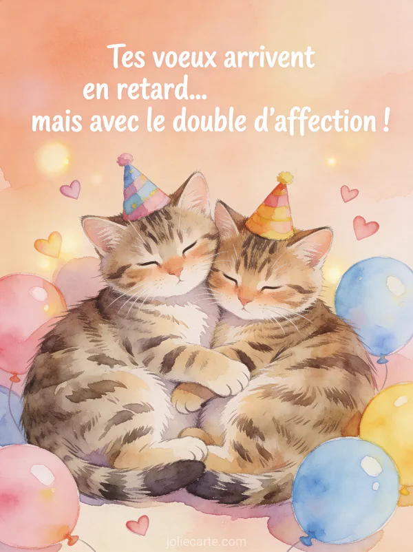 Deux chatons tabby blottis avec chapeaux de fête entourés de ballons pastel et petits cœurs sur fond pêche avec le texte Tes vœux arrivent en retard