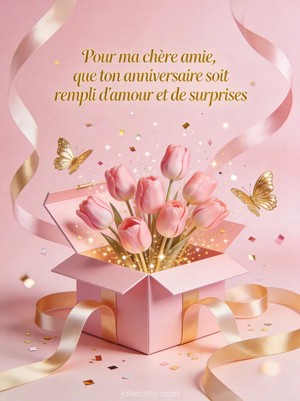 Boîte cadeau rose ouverte avec tulipes roses papillons dorés confettis scintillants et rubans satin