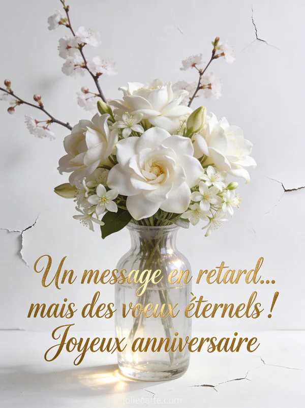 Bouquet de gardénias blancs et jasmin étoilé dans un vase en verre transparent avec branches de cerisier sur fond blanc avec le texte Un message en retard mais des vœux éternels
