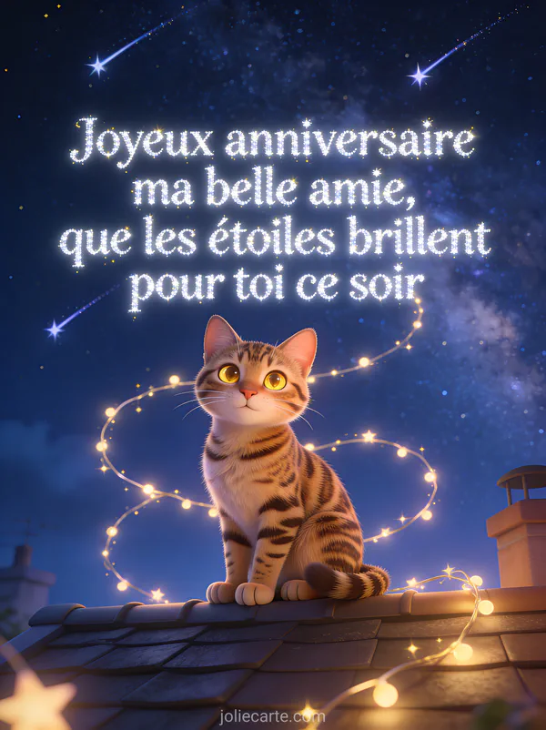 Chat bengal aux yeux dorés sur toit sous ciel étoilé avec voie lactée étoiles filantes et guirlande