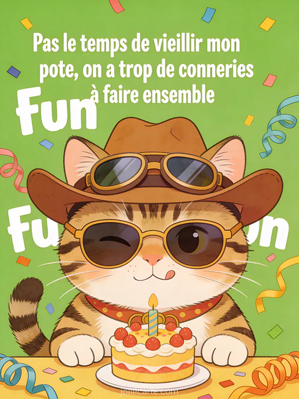 Chat européen tigré avec lunettes aviateur et chapeau de cow-boy devant mini gâteau et confettis