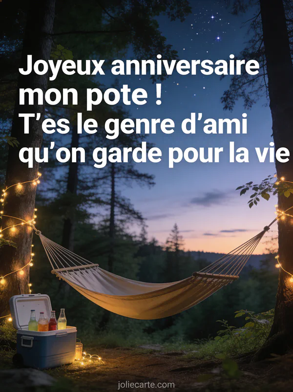 Hamac suspendu entre deux arbres en forêt avec glacière boissons guirlandes et ciel crépusculaire