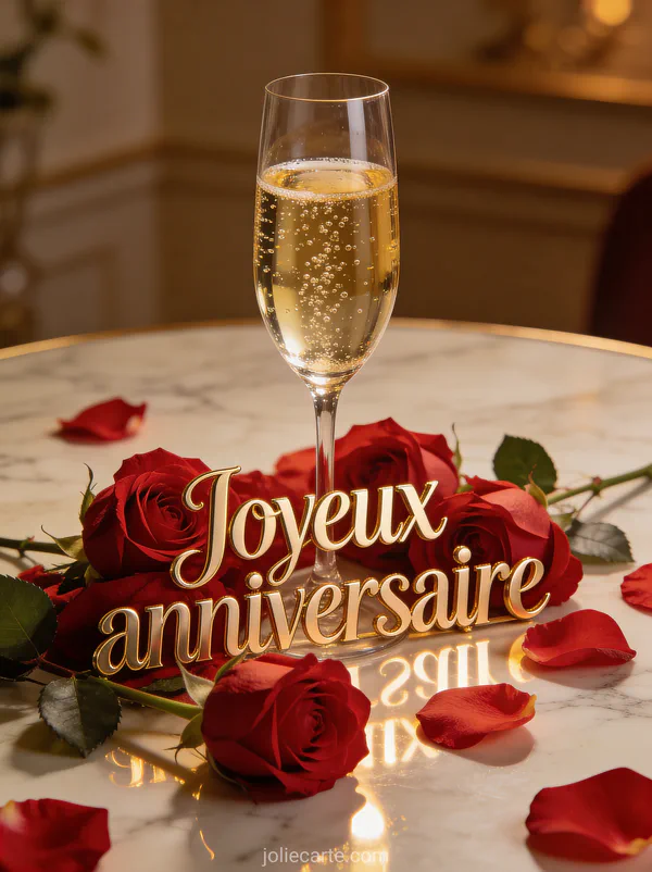 Coupe de champagne pétillante entourée de roses rouges et pétales sur table en marbre avec le texte Joyeux anniversaire