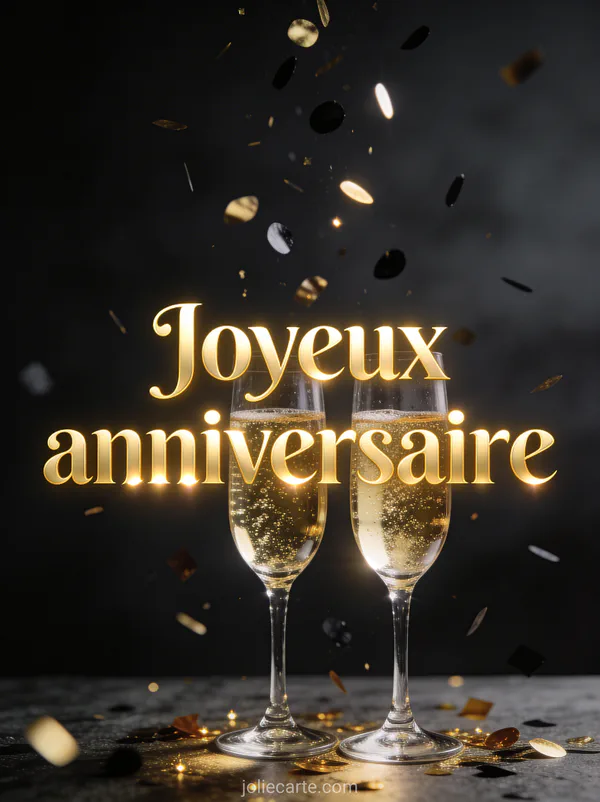 Deux flûtes de champagne en cristal avec confettis dorés et noirs et le texte Joyeux anniversaire