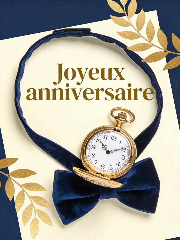 Illustration d'une montre à gousset dorée sur un nœud papillon bleu nuit avec le texte Joyeux anniversaire