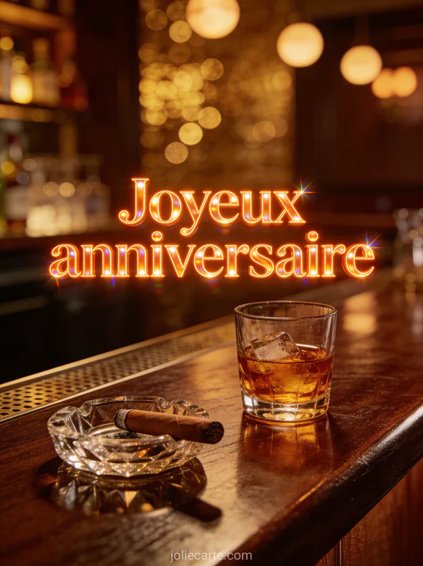 Verre de whisky ambré sur comptoir en bois noble avec cigare et lumière tamisée et le texte Joyeux anniversaire