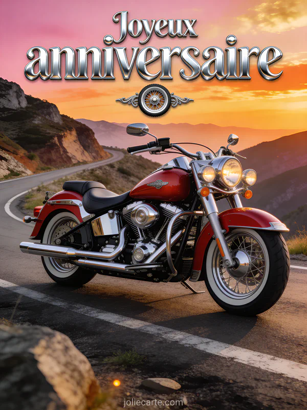 Illustration d'une moto classique rouge sur une route de montagne au coucher de soleil avec le texte Joyeux anniversaire