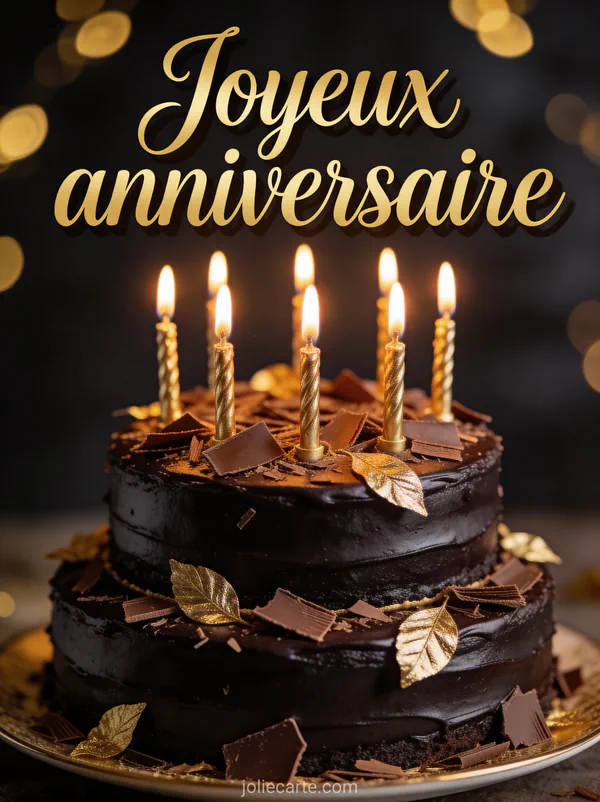 Gâteau au chocolat noir élégant avec bougies dorées allumées et feuilles d'or sur fond sombre avec le texte Joyeux anniversaire