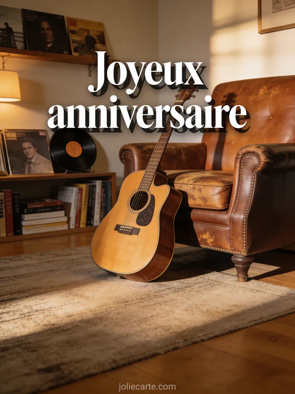 Guitare acoustique posée contre un fauteuil en cuir dans un salon chaleureux avec le texte Joyeux anniversaire