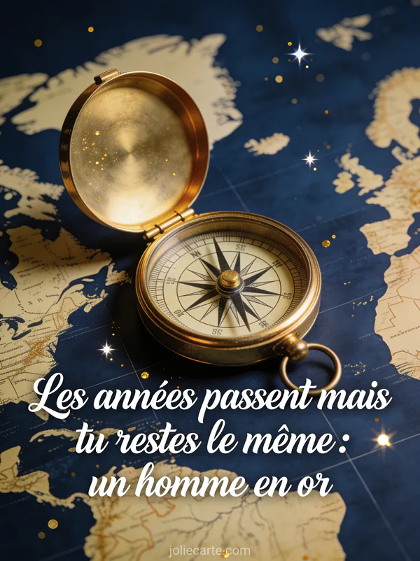 Boussole dorée ancienne posée sur une carte du monde vintage avec étoiles et le texte Les années passent mais tu restes le même