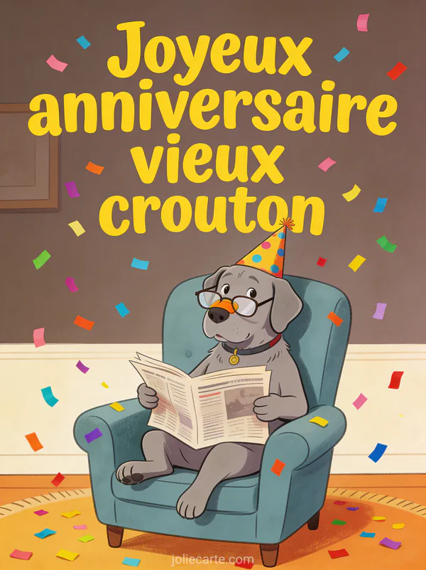 Illustration amusante d'un chien labrador gris avec lunettes et chapeau de fĂŞte dans un fauteuil avec le texte Joyeux anniversaire vieux crouton