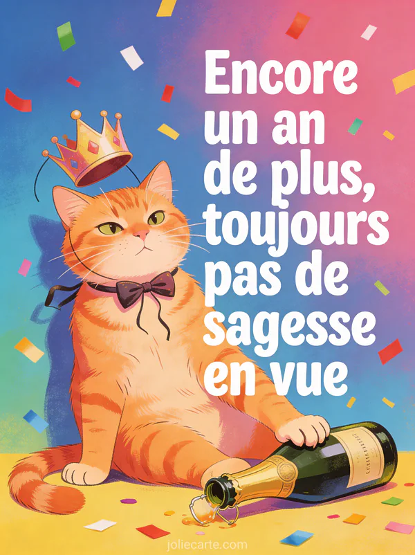 Illustration d'un chat roux espiègle avec couronne de travers et champagne renversé avec le texte Encore un an de plus