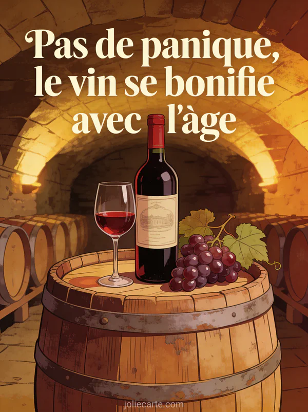 Bouteille de vin rouge et verre posés sur un tonneau en chêne dans une cave voûtée avec le texte Pas de panique le vin se bonifie avec l'âge
