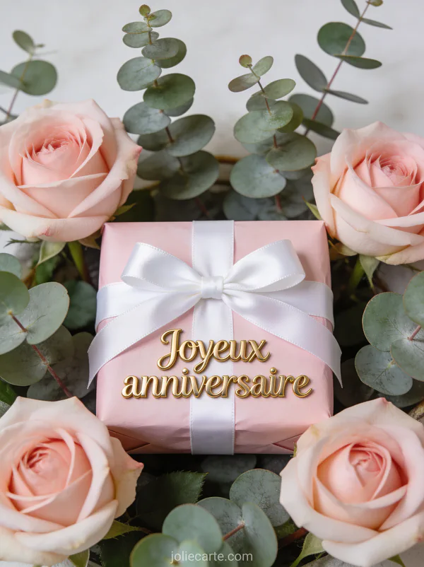 Cadeau emballé rose poudré avec ruban satin blanc entouré de roses et eucalyptus texte Joyeux anniversaire