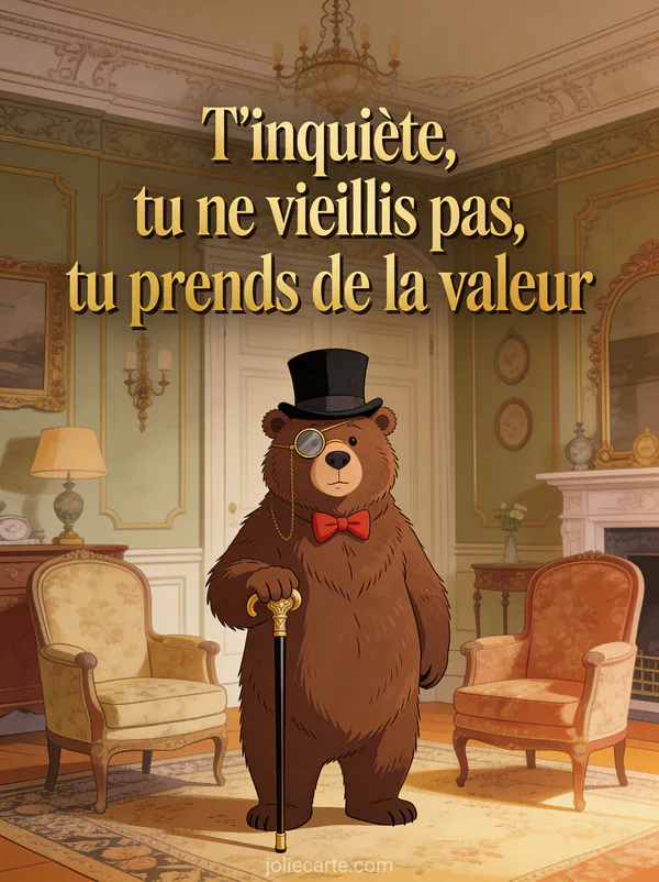 Illustration d'un ours brun distingué avec monocle et haut-de-forme dans un salon victorien avec le texte T'inquiète tu ne vieillis pas