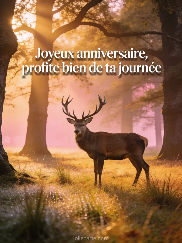 Cerf majestueux aux bois imposants dans une clairière dorée au lever du soleil avec le texte Joyeux anniversaire