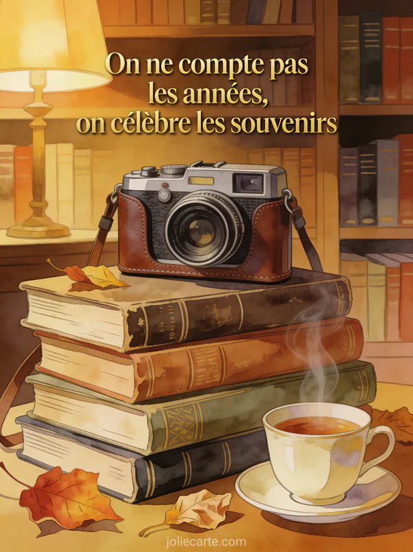 Illustration d'un appareil photo vintage sur des livres anciens avec tasse de thé et feuilles d'automne et le texte On ne compte pas les années