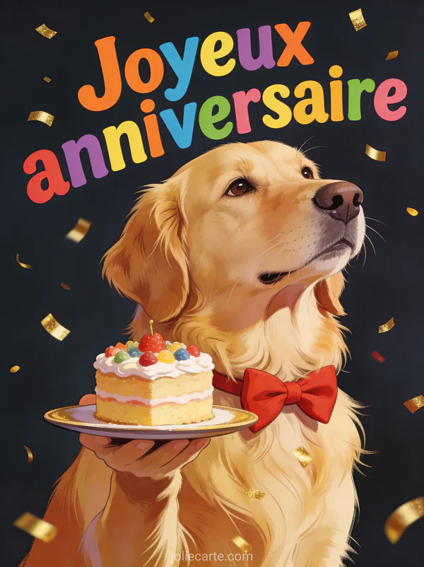 Golden retriever avec nœud papillon rouge portant un petit gâteau décoré illustration amusante texte Joyeux anniversaire