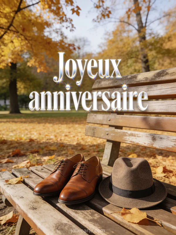 Chaussures en cuir marron et chapeau fedora sur un banc en bois dans un parc automnal avec le texte Joyeux anniversaire