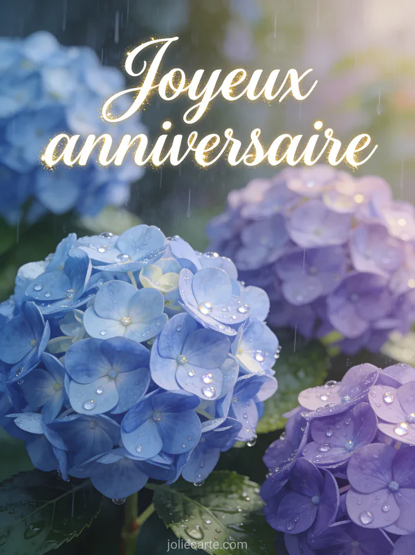 Massif d'hortensias bleus et mauves avec gouttelettes scintillantes illustration douce texte Joyeux anniversaire