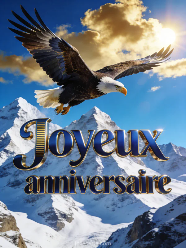 Aigle royal en vol plané au-dessus de sommets montagneux enneigés sous un ciel bleu intense avec le texte Joyeux anniversaire