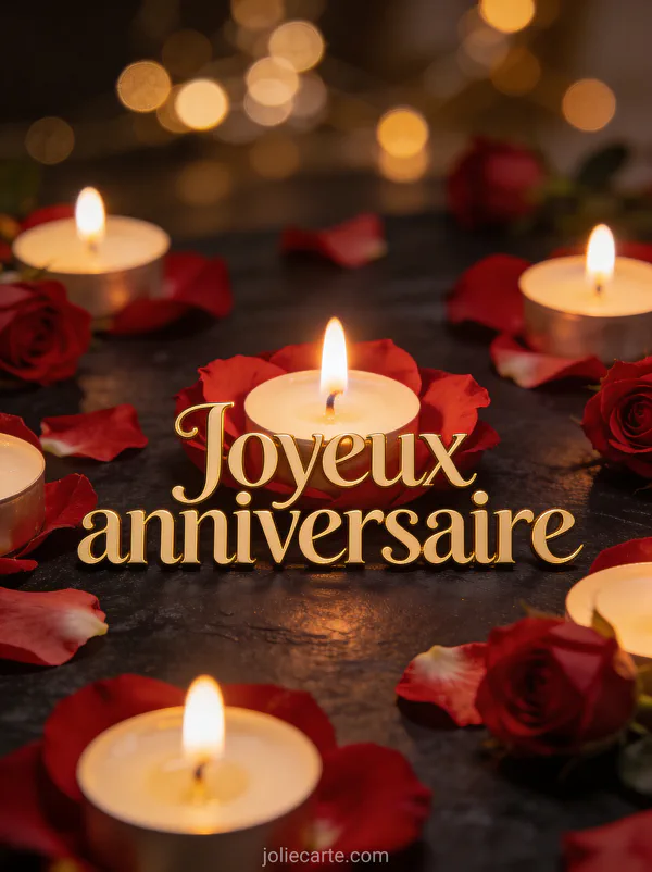 Bougies allumées entourées de pétales de roses rouges et roses sur fond sombre avec bokeh lumineux texte Joyeux anniversaire