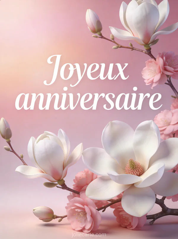 Magnolias blancs et roses en pleine floraison sur branches délicates fond rose poudré texte Joyeux anniversaire