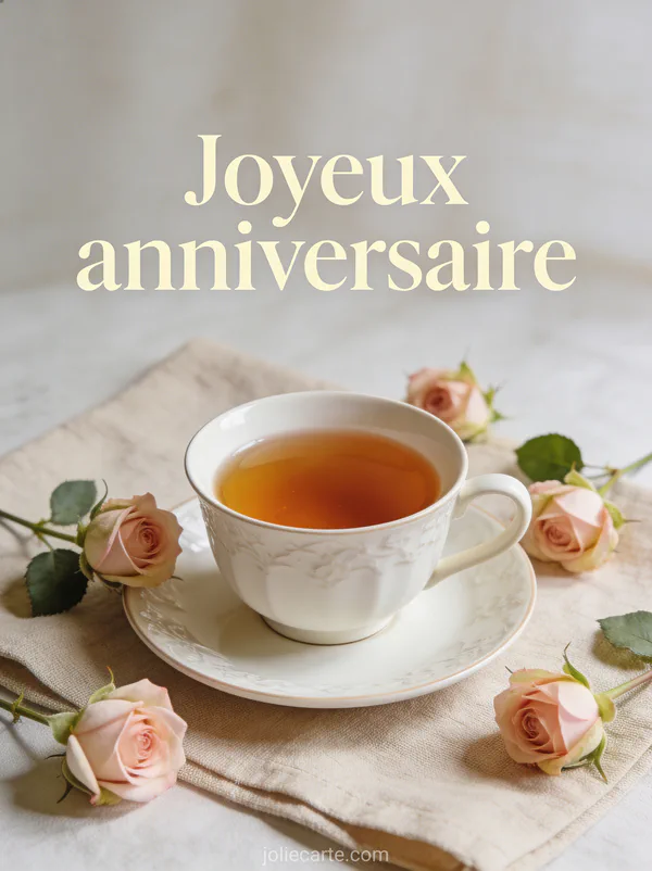 Tasse de thé en porcelaine fine entourée de petites roses fraîches sur nappe en lin texte Joyeux anniversaire