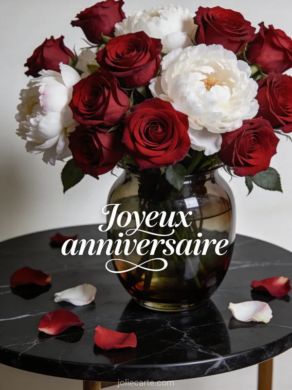 Bouquet de roses rouges et pivoines blanches dans un vase en verre fumé sur marbre noir avec le texte Joyeux anniversaire